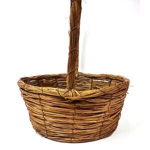 Antique Primitive Willow Grass Handmade Woven Gathering Basket w Handle 16" Wire